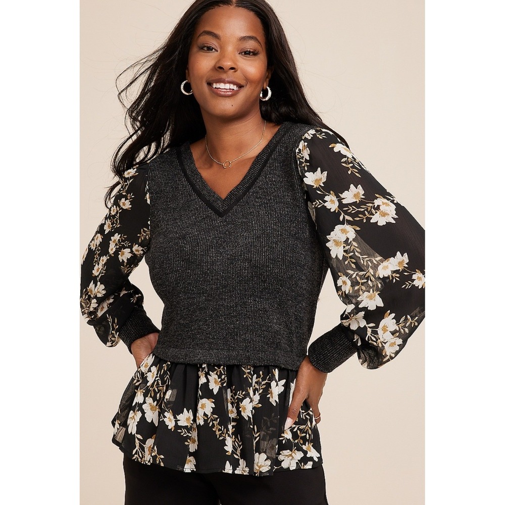 Maurices Women Mixed Media Top Black Knit Chiffon‎ V-Neck XL Boho Dark Floral